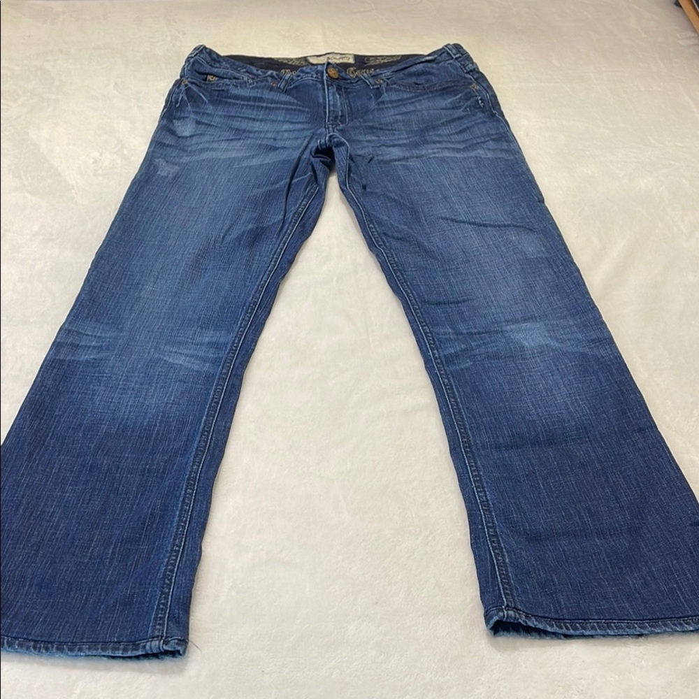 J&CO Blue Flare Wide Leg Jeans with Subtle Wear Patterns SIZE 31